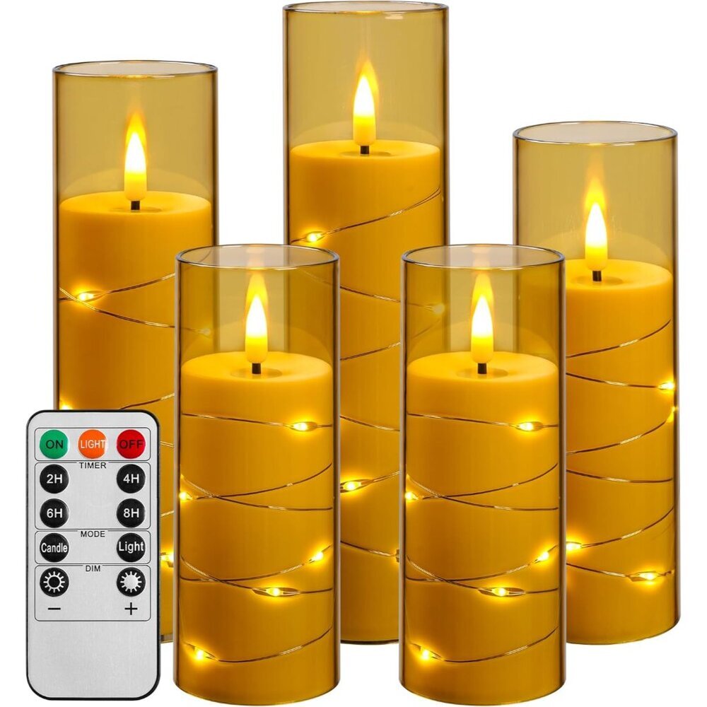Flameless Candle Light, Battery Candle with recessed String Lights, 5 flameless